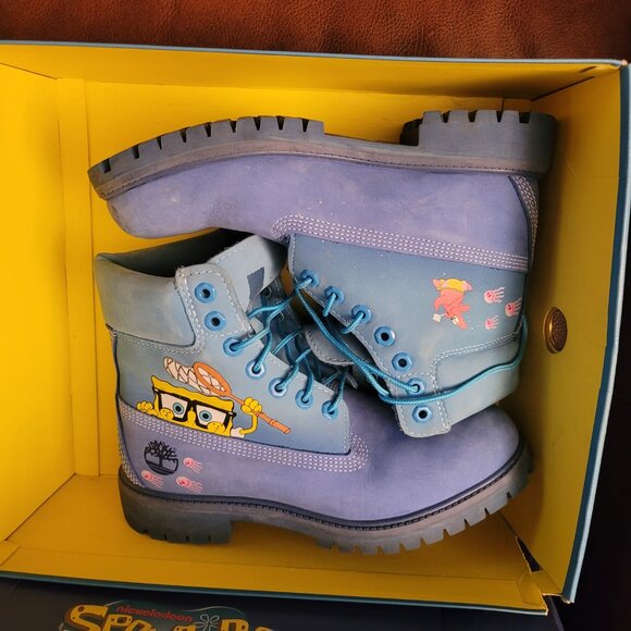 Timberland Premium 6 Waterproof Bright Blue Nubuck SpongeBob Boots US men SZ 7.5 - Picture 4 of 16